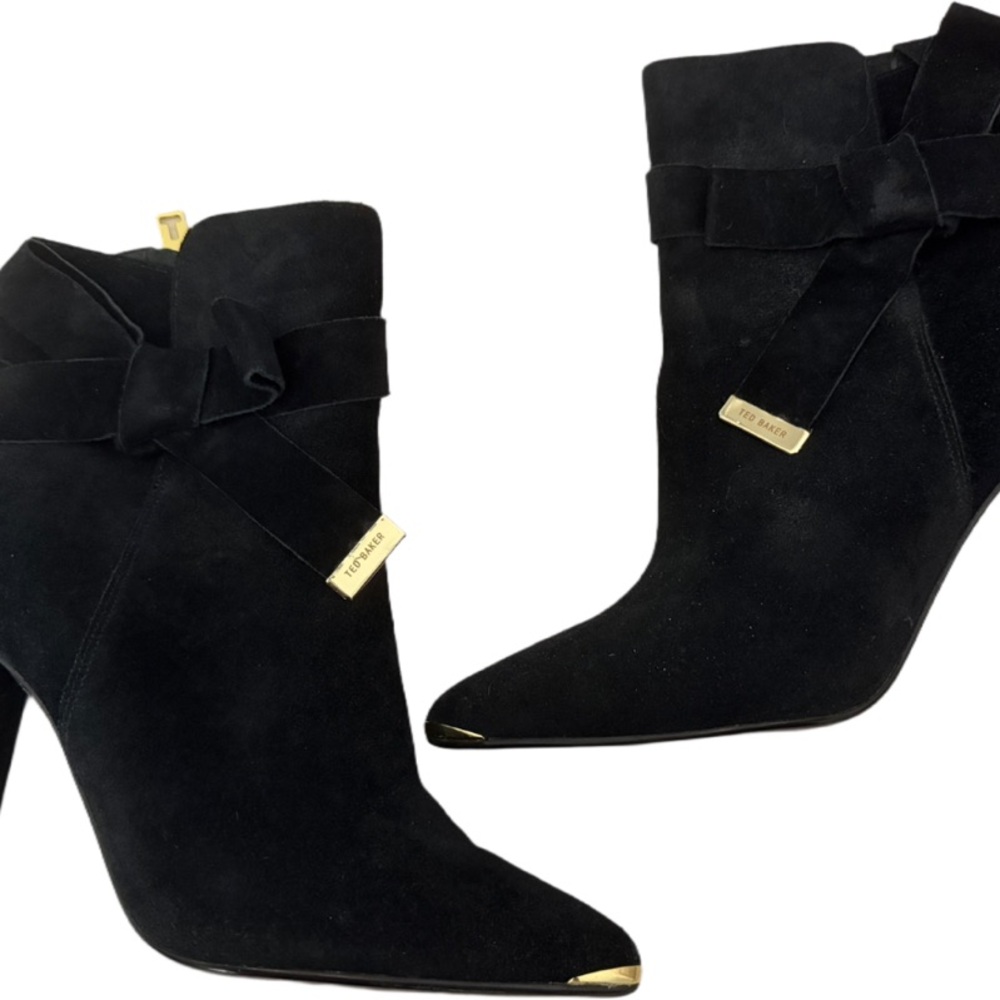 Ted Baker London Sailly Ribbon Suede Gold Accent Block Heel Booties Size 8 - Picture 3 of 7